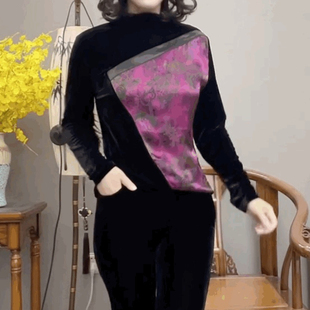 T恤女高领黑色上衣金丝绒拼接醋酸雪纺打底衫 法式 高级感丝绒长袖