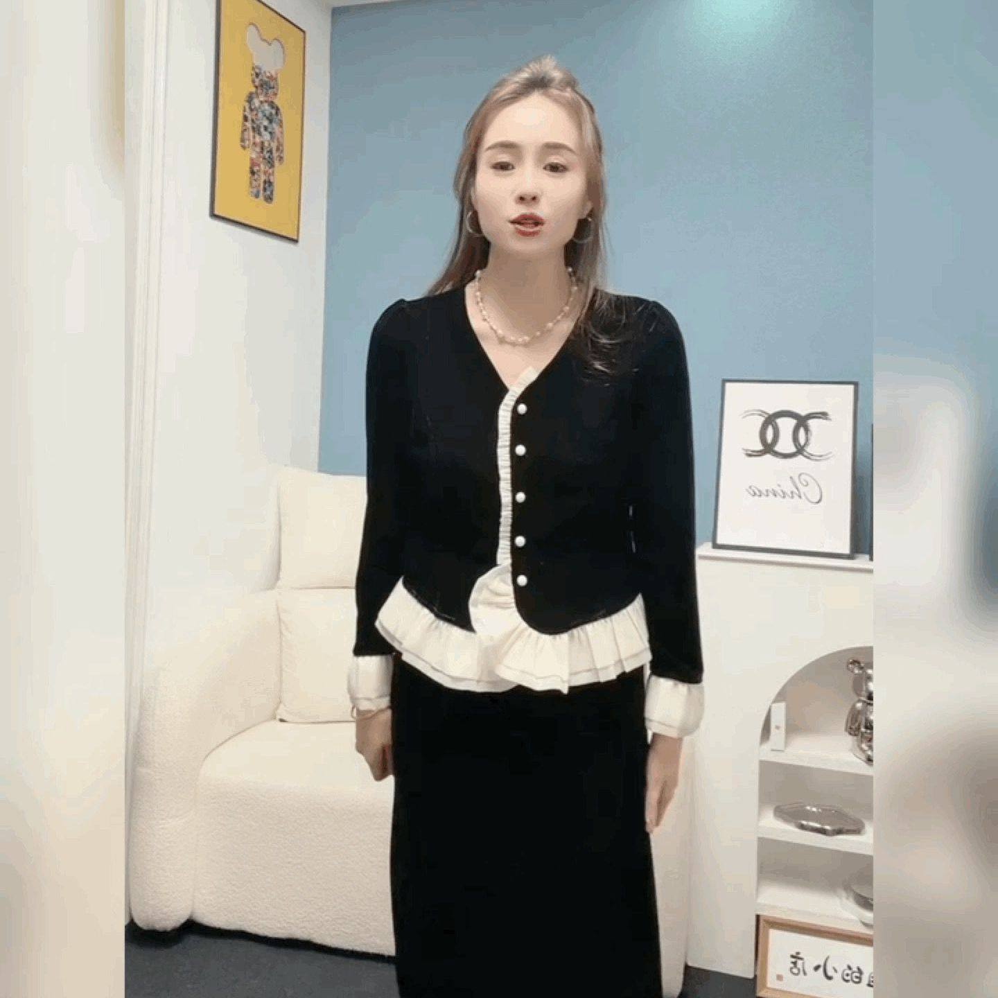 丝绒拼雪纺荷叶边T恤衬衫女法式黑色喇叭袖上衣洋气小香风打底衫