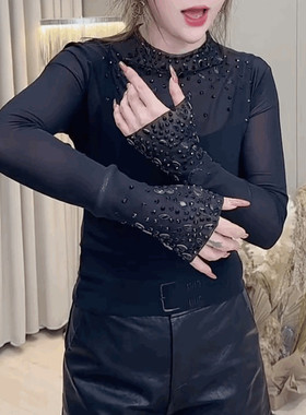 欧货蕾丝烫钻修身t恤女