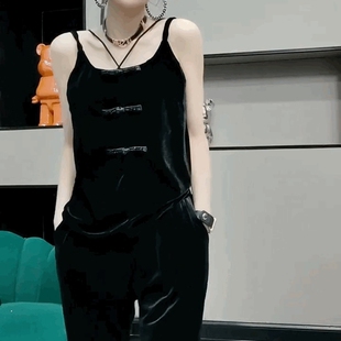 复古盘扣手工串珠百搭打底衫 潮金丝绒盘扣内搭小吊带丝绒背心女士