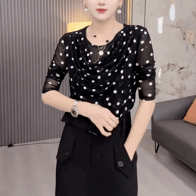 高端长袖堆堆领修身蕾丝T恤衫女时尚显瘦波点黑色上衣百搭打底衫