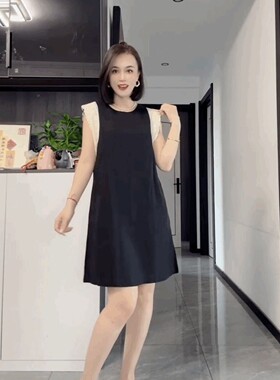 气质蕾丝边圆领冰丝麻连衣裙女