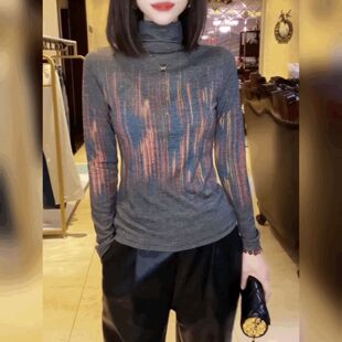 法式复古晕染T恤小衫女内搭高领竖条纹灰色上衣洋气修身打底衫潮