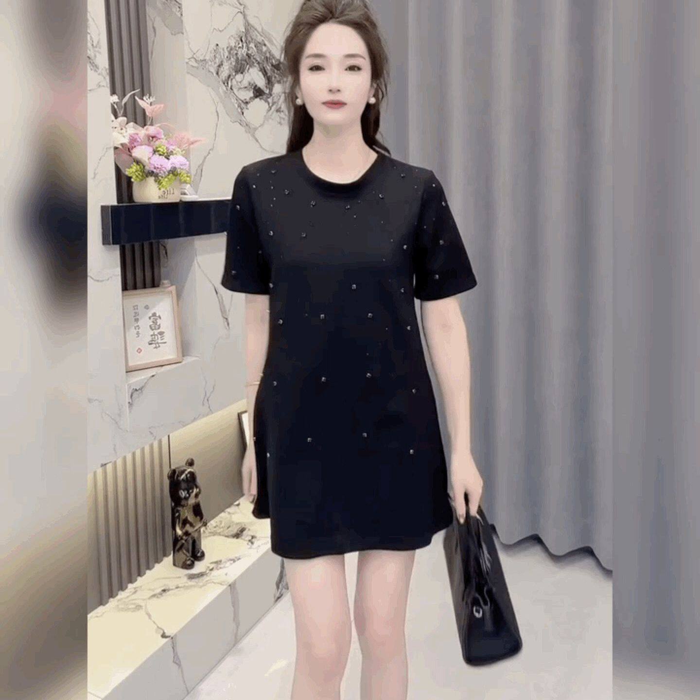 宽松连衣裙中长款法式黑色上衣打底短裙重工钉珠圆领短袖T恤裙女