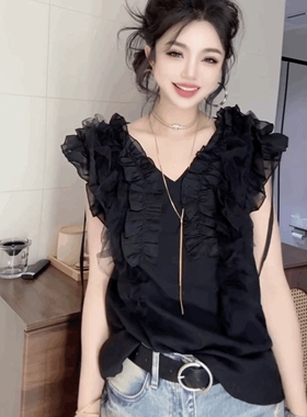 V领短袖荷叶边T恤打底衫女装小众设计感飞飞袖轻熟风法式黑色上衣