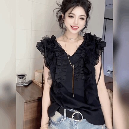 V领短袖荷叶边T恤打底衫女装小众设计感飞飞袖轻熟风法式黑色上衣