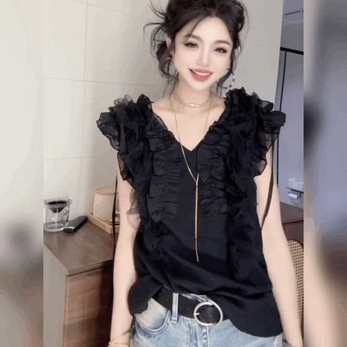 V领短袖荷叶边T恤打底衫女装