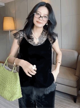 蕾丝拼冰丝绒短袖t恤女