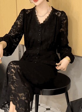 法式性感蕾丝镂空衬衫女灯笼袖