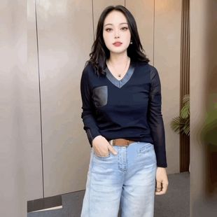 V领修身 黑色百搭打底衫 上衣长袖 内搭蕾丝衫 网纱拼接PU皮t恤女 时尚