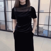 气质丝绒t恤衫 时尚 秋冬短袖 打底衫 女 百搭金丝绒上衣女黑色T恤修身