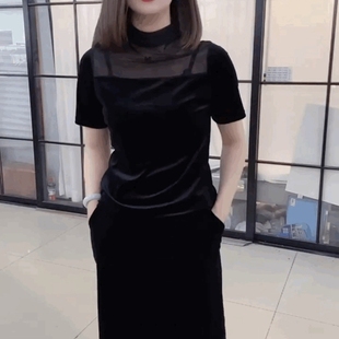 秋冬短袖 時尚 百搭金絲絨上衣女黑色T恤修身 打底衫 女 氣質(zhì)絲絨t恤衫