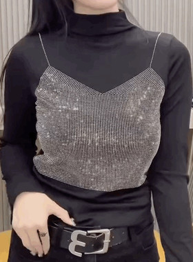 法式重工烫钻长袖T恤衫女
