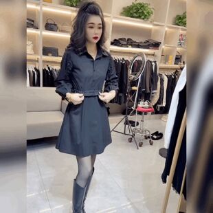 裙 收腰V领连衣裙女显瘦木耳边衬衫 灯笼袖 打底裙赫本风小黑裙法式