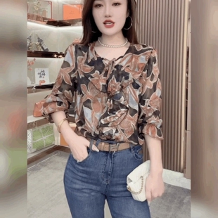 衬衫 复古碎花雪纺V领长袖 女 法式 洋气遮肉宽松系带上衣荷叶边小衫