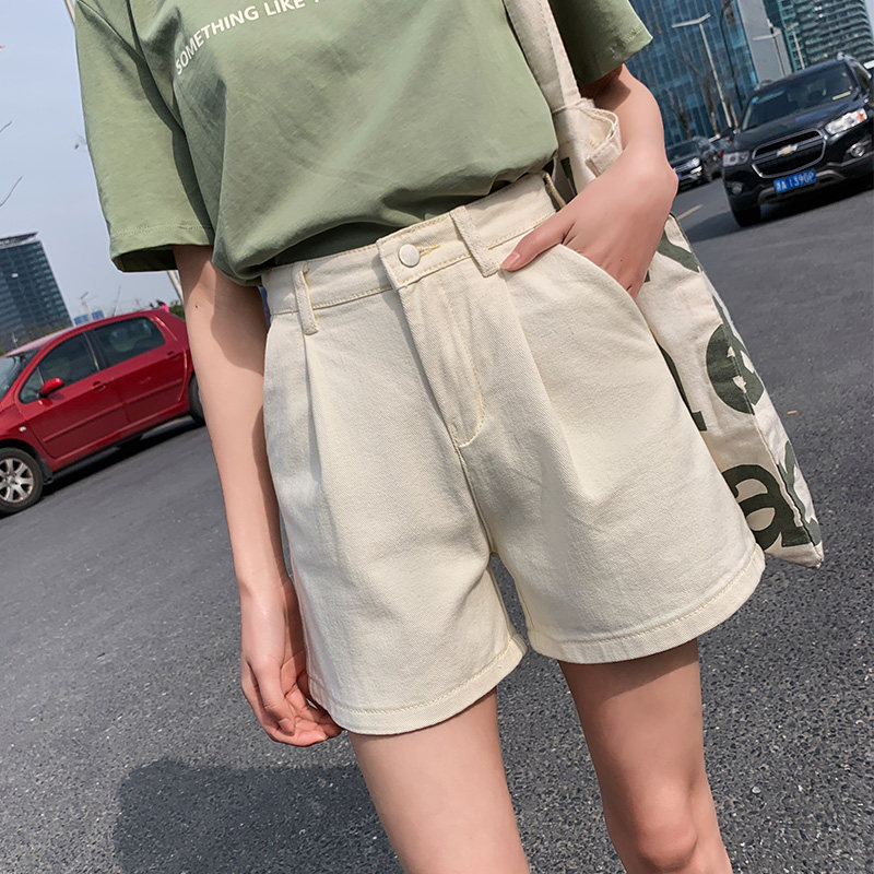 2020年夏新款高腰阔腿宽松白杏色牛仔短裤女热裤四分裤子显瘦百搭