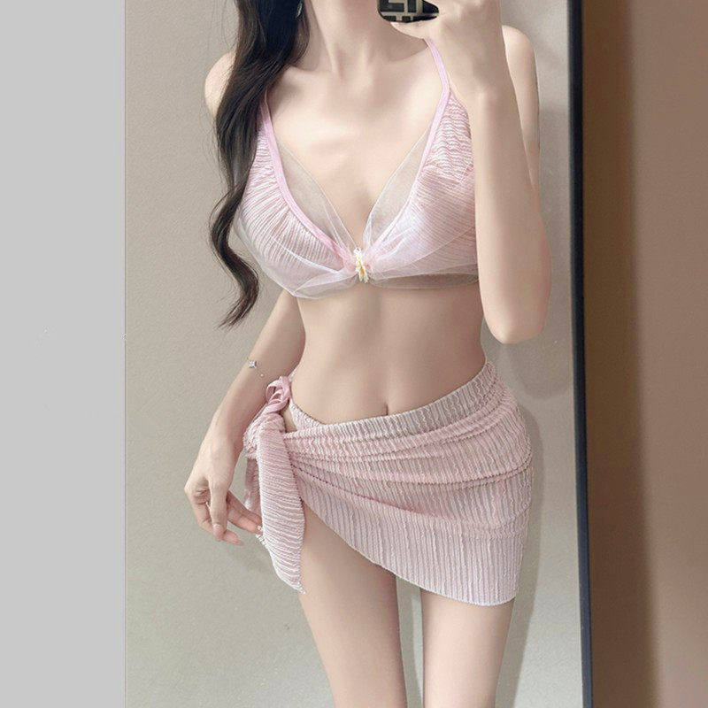 纯欲挂脖V领分体泳衣女网纱透视三件套辣妹显瘦遮肉度假比基尼