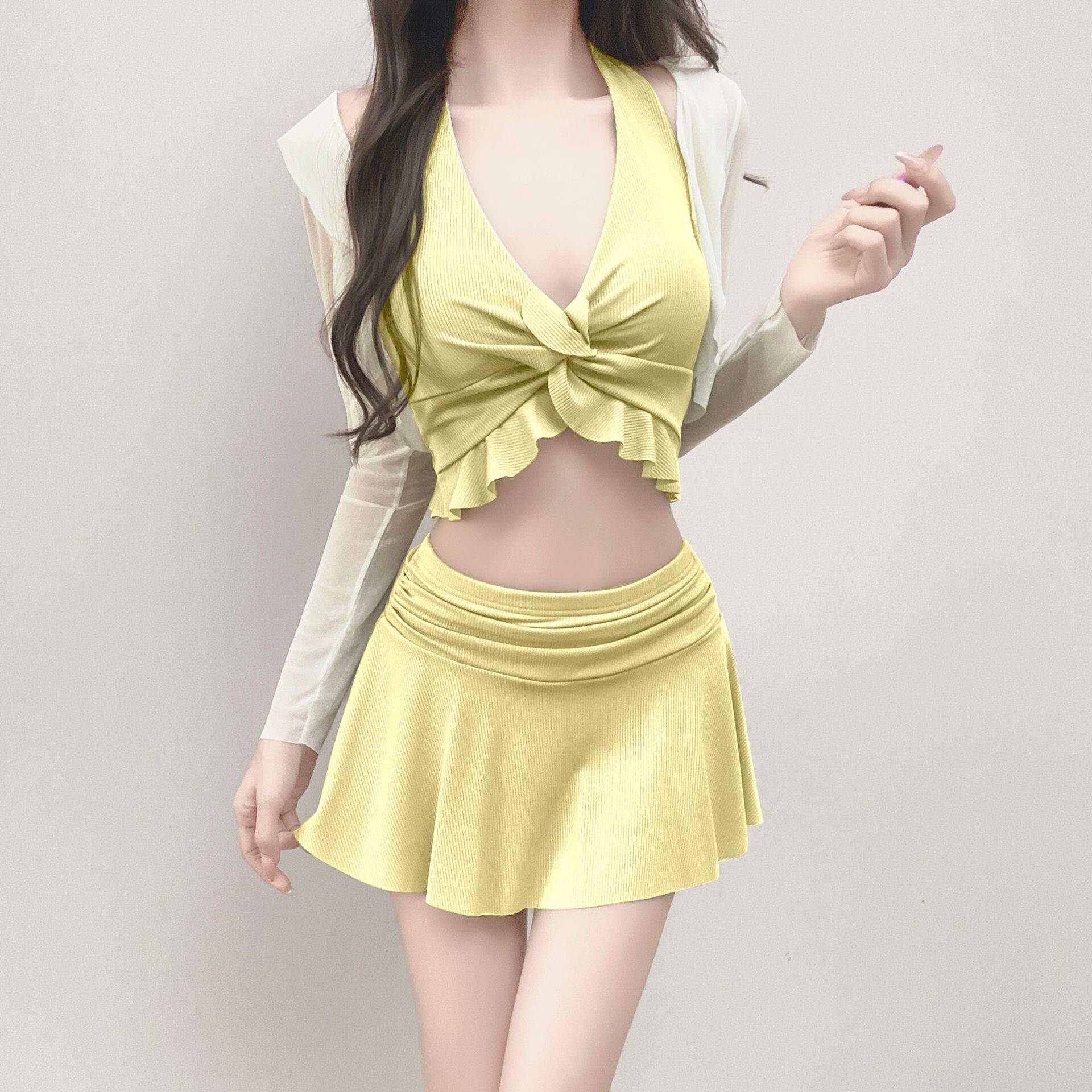 挂脖分体泳衣女木耳边高腰显瘦
