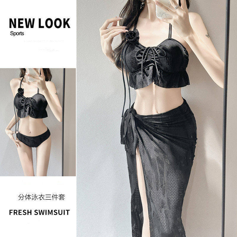 泳衣女温柔风分体三件套挂脖绑带聚拢高腰围纱遮肚海边拍照