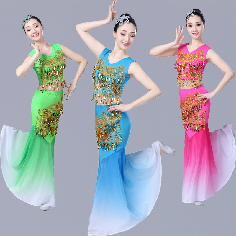 傣族舞蹈服双肩亮片飘逸民族风修身孔雀舞渐变长裙演出服女成人