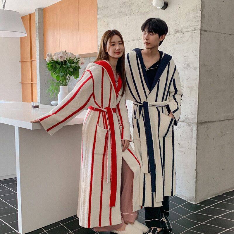 秋冬情侣睡衣女加厚条纹睡袍半边绒软绵绵长款连帽浴袍男士家居服,女士内衣/男士内衣/家居服,睡袍/浴袍,淘宝优惠券,粉丝福利购,淘宝优惠卷