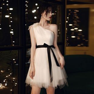 小晚礼服2024新款宴会单肩仙气蓬蓬裙生日宴会直播演出服连衣裙