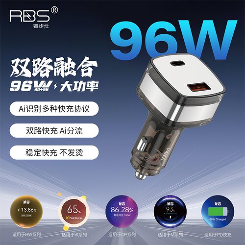 睿步仕96W车载快充充电器双口快充汽车点烟器适用华为小米苹果转