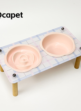 日韩陶瓷宠物猫狗碗高脚护颈慢食碗水碗双碗带架小清新猫咪粮碗盆