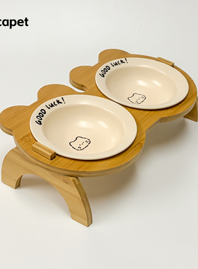 陶瓷猫狗碗双碗陶瓷饭碗竹木支架卡通可爱宠物餐具套装BD猫食盆
