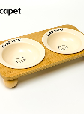 陶瓷宠物碗猫咪食盆双碗带竹木架增高日韩猫狗碗防黑下巴大口径
