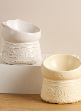 宠物用品陶瓷猫碗慢食碗猫咪食盆水碗高脚斜口碗防黑下巴日式猫碗