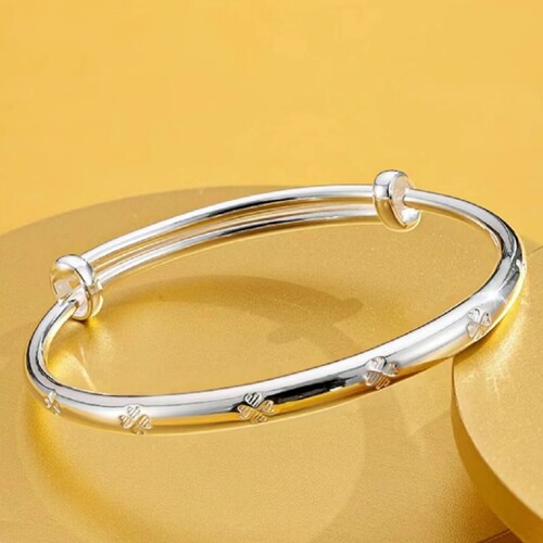 纯银手镯女四叶草足银推拉手环