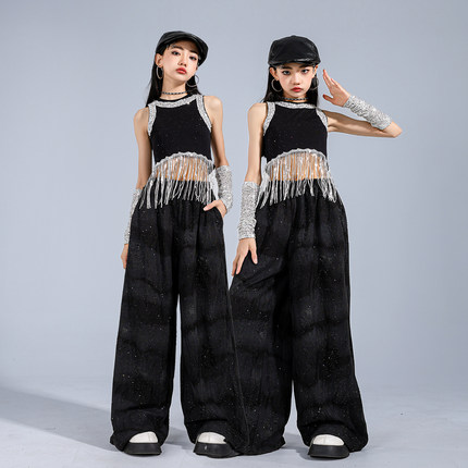 女童爵士舞演出服女团jazz黑色套装儿童流苏上衣少儿模特走秀潮装