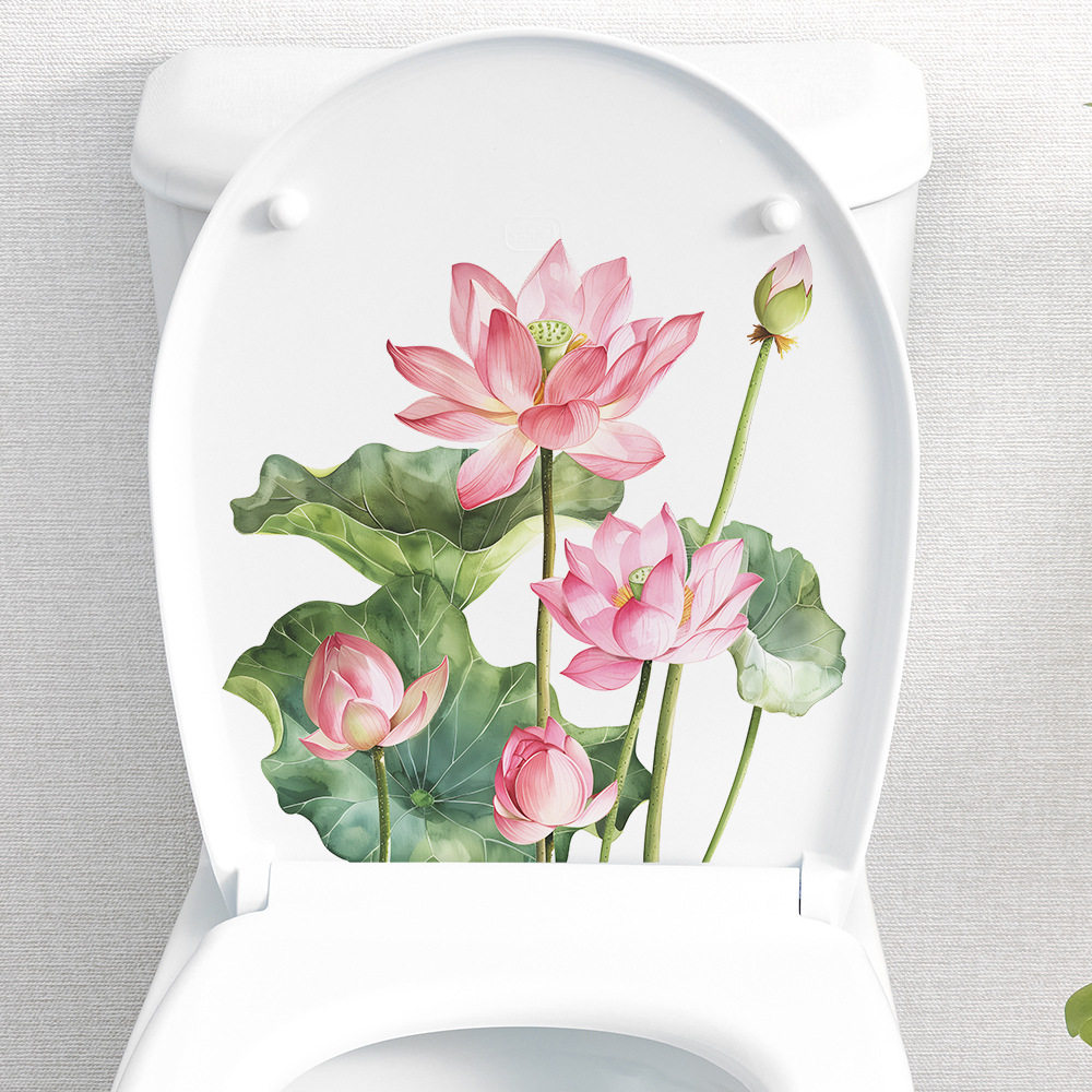 清新绿叶荷花贴纸马桶贴卫生间马桶盖水箱柜门装饰墙贴画YH33004