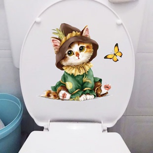 可爱手绘蝴蝶猫咪家用防水浴室墙贴创意卫生间厕所马桶贴纸
