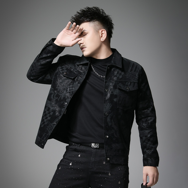 欧货高端男装多口袋提花翻领外套2025春秋冬新款潮牌休闲拼皮夹克