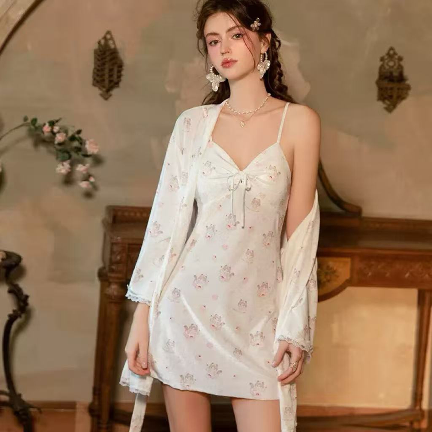 秋冬丝绒露背带胸垫吊带睡裙