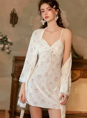 性感睡衣女露背丝绒印花高级感纯欲吊带睡裙外袍秋冬家居服带胸垫