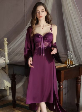 性感睡衣女2025新款秋季带胸垫蕾丝紫色纯欲冰丝开叉吊带睡裙睡袍