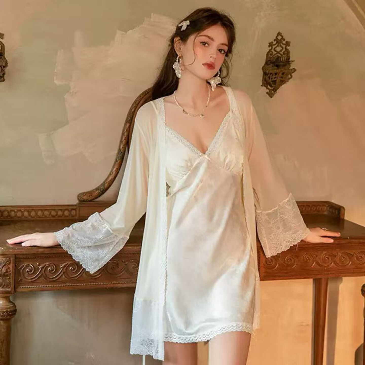 性感短裙女款春夏季简约丝滑缎面提花蕾丝吊带睡裙睡袍套装家居服