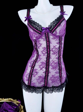 性感紫色纯欲蕾丝带钢圈聚拢约会睡裙吊带丝袜透视睡衣女2025新款