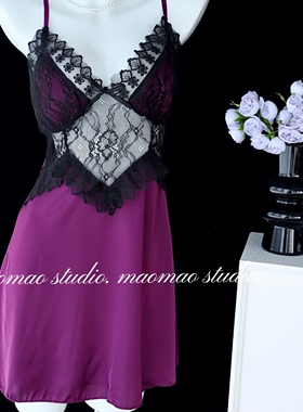 法式性感睡衣女纯欲冰丝腰间蕾丝镂空吊带睡裙