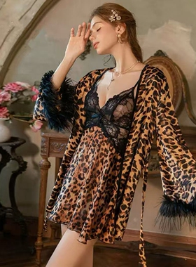 性感豹纹印花透视纯欲蕾丝雪纺吊带睡裙女毛绒袖口外袍家居套装