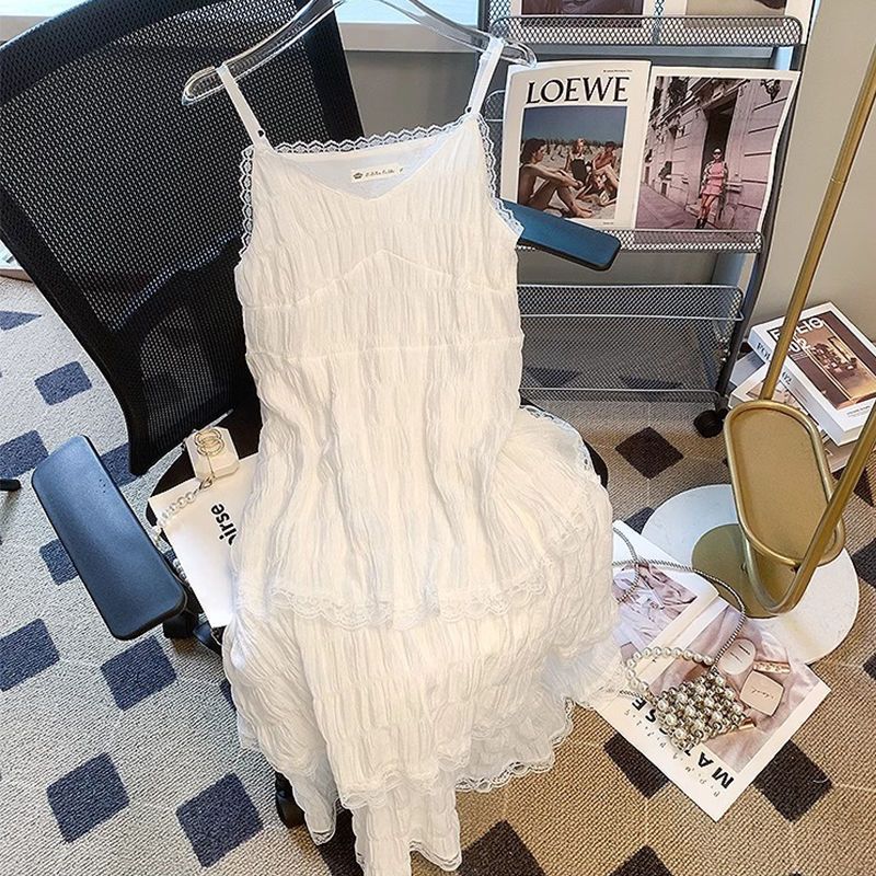 吊带裙夏季新款白裙子法式温柔甜美蕾丝花边气质显瘦连衣裙中长款