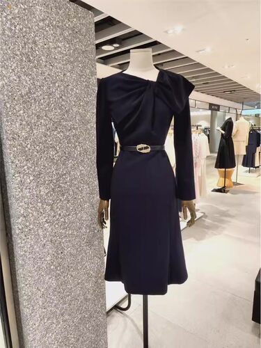 韩国JIGOTT专柜代购22秋新品长袖纯色收腰修身过膝优雅礼服连衣裙