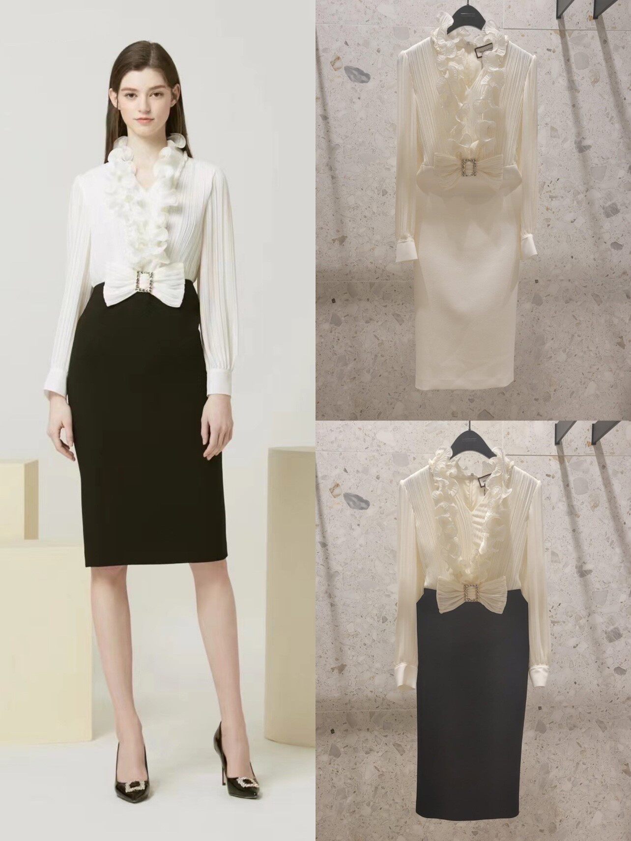 韩国直邮代购MOJOM.S.PHINE木耳边修身气质优雅连衣裙