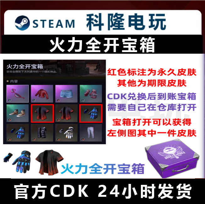 绝地求生PUBG火力全开宝箱皮肤可开出蓝色闪电手套衬衫steam端CDK