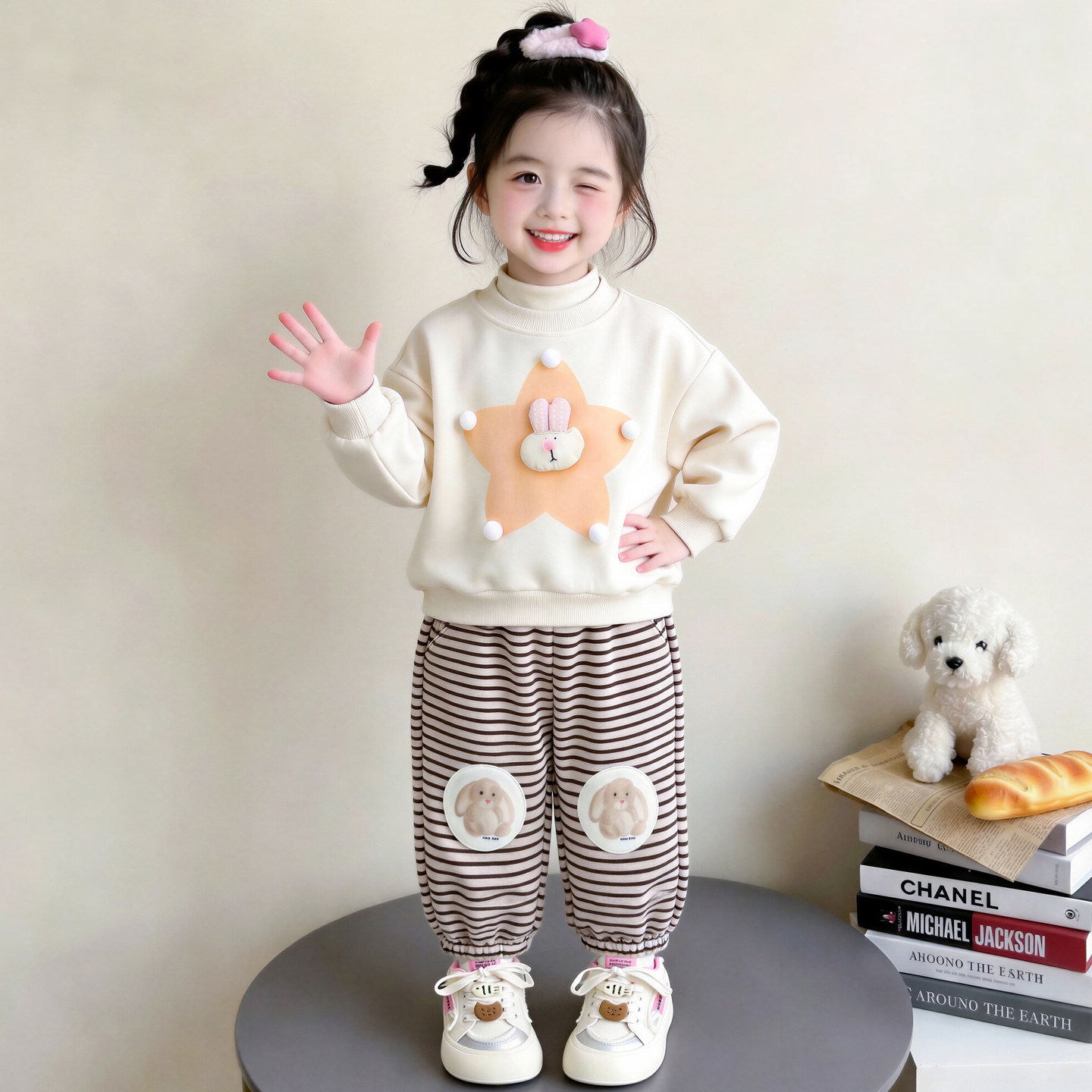 女童加绒卫衣套装早春儿童一体绒女宝宝秋冬条纹休闲卫裤两件套