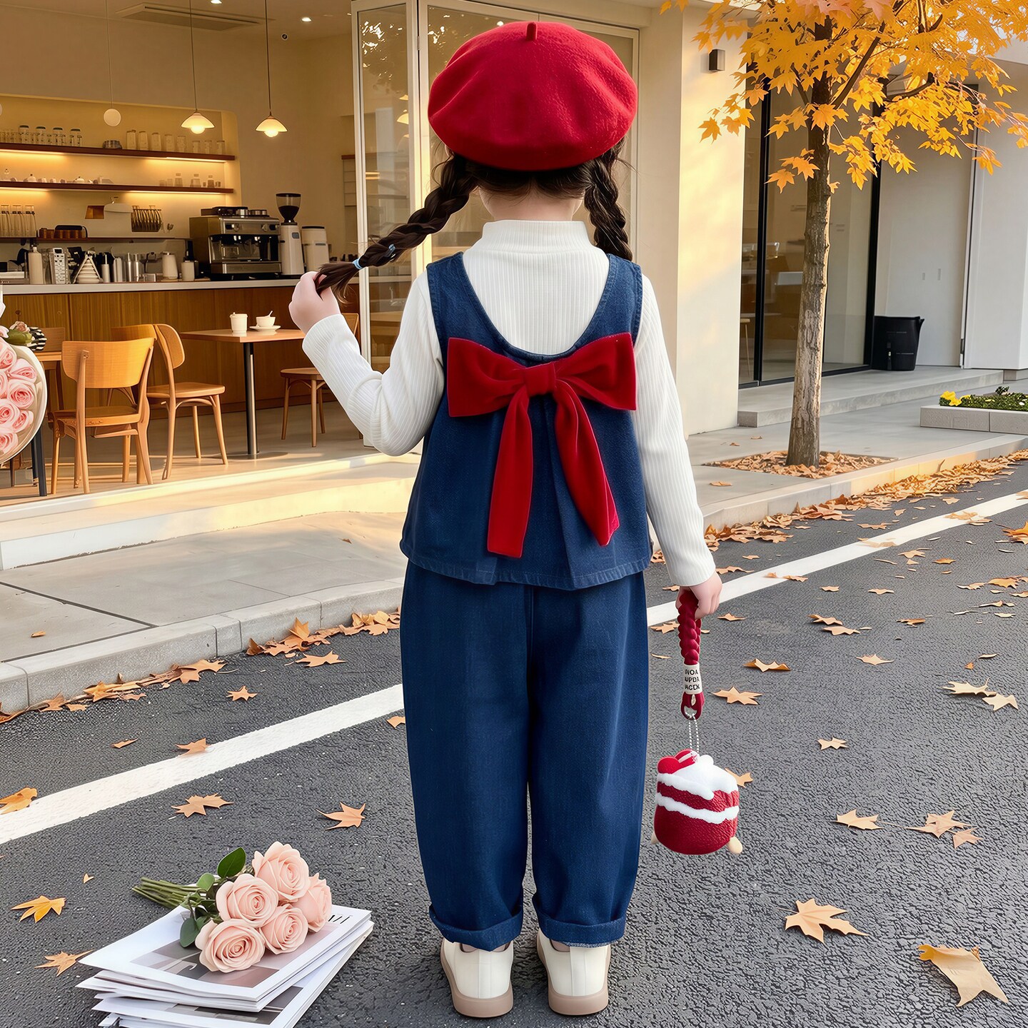 女童牛仔三件套春秋洋气蝴蝶结潮