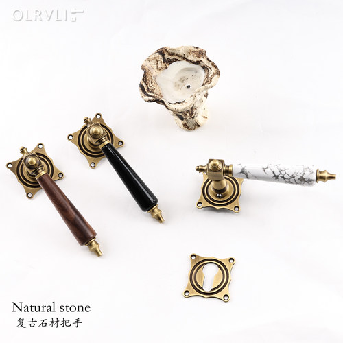 OLRVLI法式复古黄铜白松石门锁古铜色中古美式胡桃木黑石双开门锁